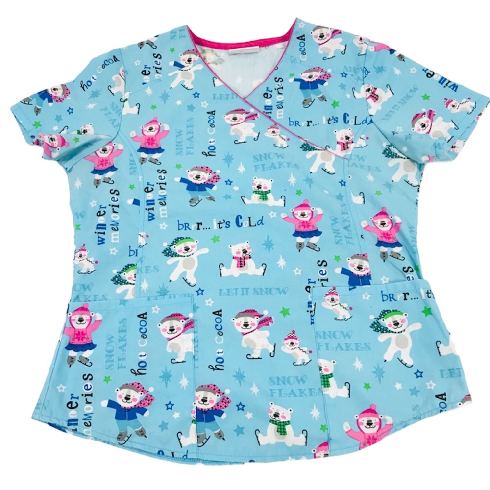 Scrubstar Ice Skating Bears Winter Scrub Top, Blue, X-Small